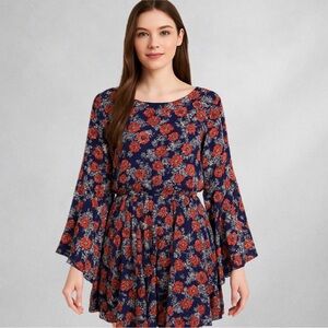 A Beautiful Soul Boho Floral Dress L Navy Red Bell Sleeve Flowy